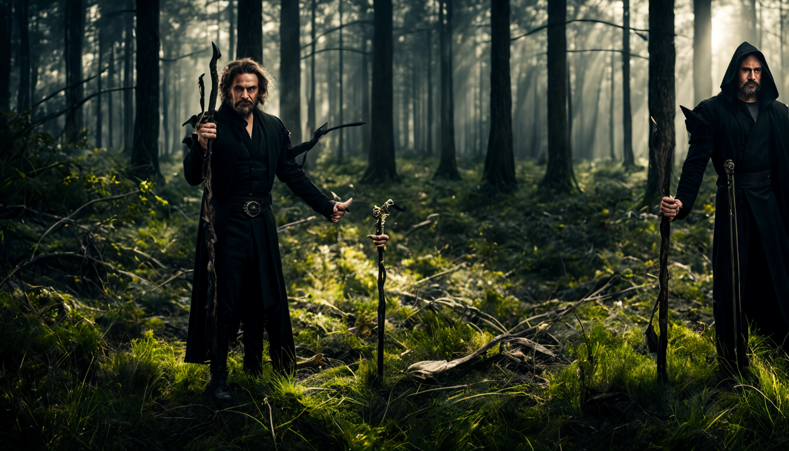 A feeble and aged warlock, garbed in a tattered black suit, with a twisted and crooked staff in his hand. Magical effects, glowing runes, dark forest, mystic atmosphere