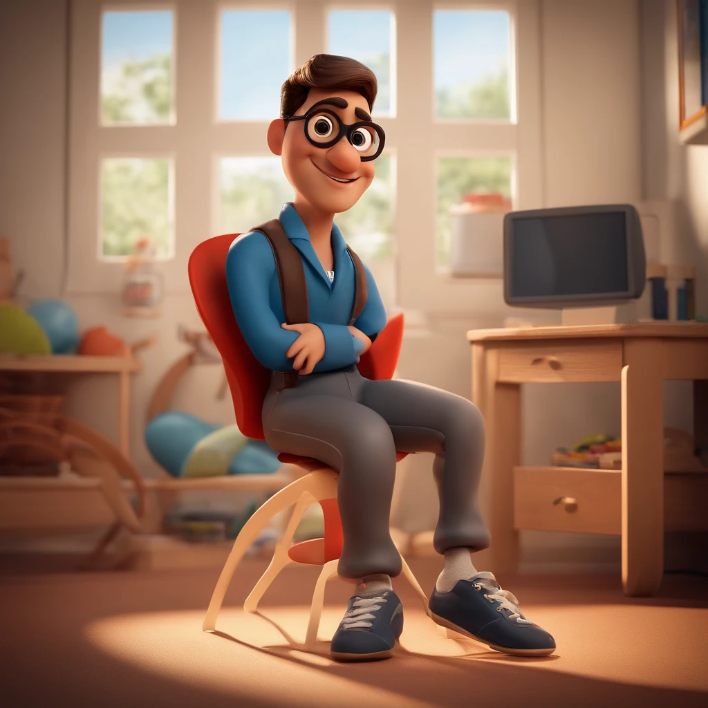 create a 3D movie poster inspired by Disney Pixar, The scene should be in Pixar's signature digital art style, with a caricatured image reminiscent of that of a teacher, cabelos pretos e pontas loiras, Black oval glasses, olhos castanhos escuros, in jumpsuits and sneakers