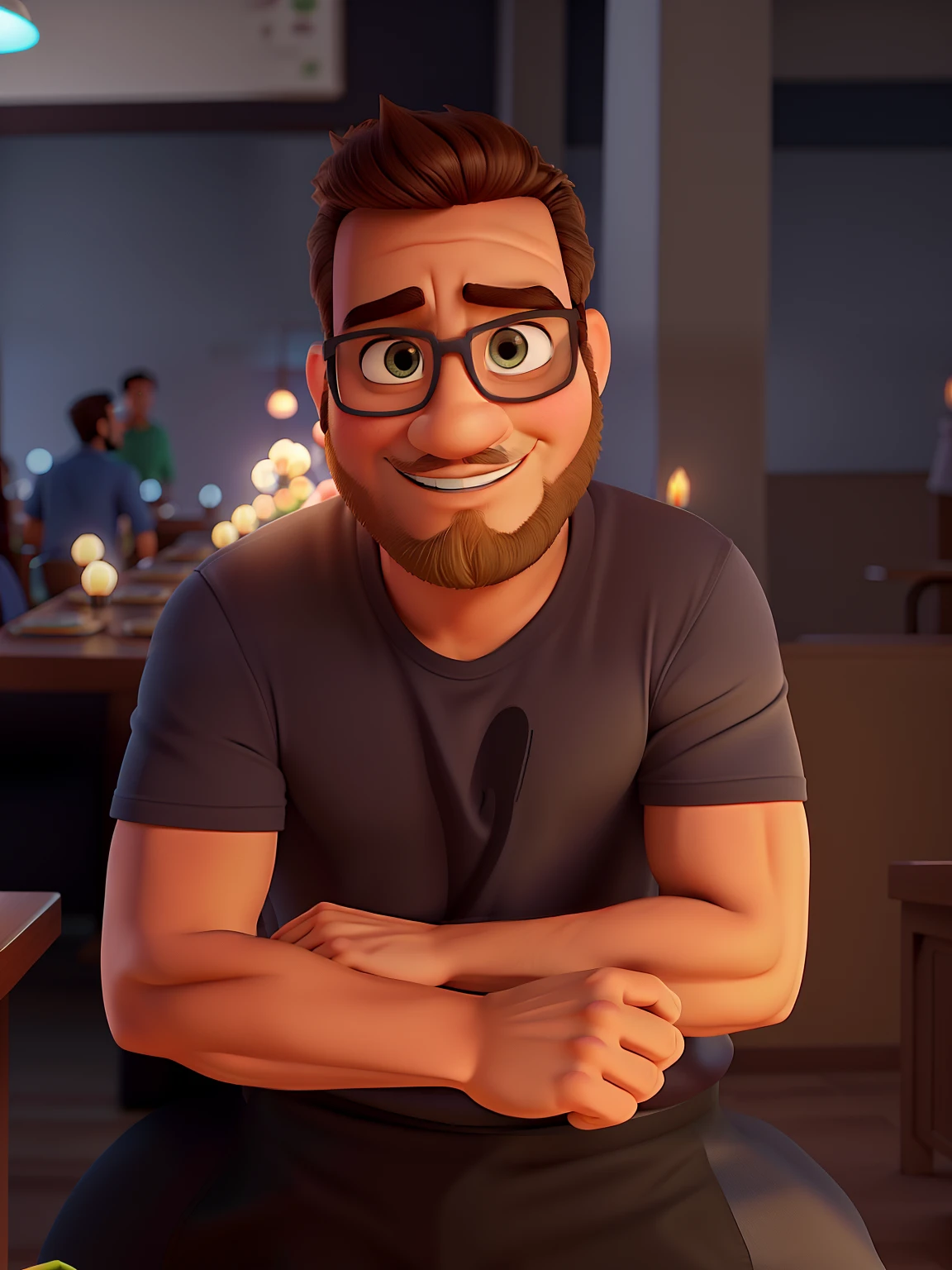 Poster no estilo Disney pixar, alta qualidade, melhor qualidade, homem sexy branco, 30 anos cabelo grisalho barba preta, musculoso, com fundo em um restaurante a luz de velas