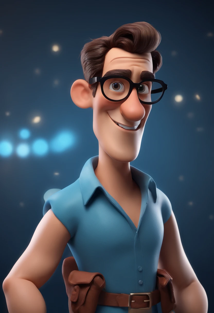 Cartoon character of a man with black glasses and a blue shirt, animation character, Caractere estilizado, animation style rendering, 3D estilizado, Arnold Maya render, 3 d render stylized, toon render keyshot, Personagem 3D, Personagem 3D, 3d rendering stylized, 3 d character render, personagem de desenho animado, Personagem de close up, Pose de personagem, (Estilo Pixar) (master part:1.2) (Bokeh) (best quality) (pele detalhada) (textura detalhada) (8k) (argila) (Cinematic lighting) (foco nítido