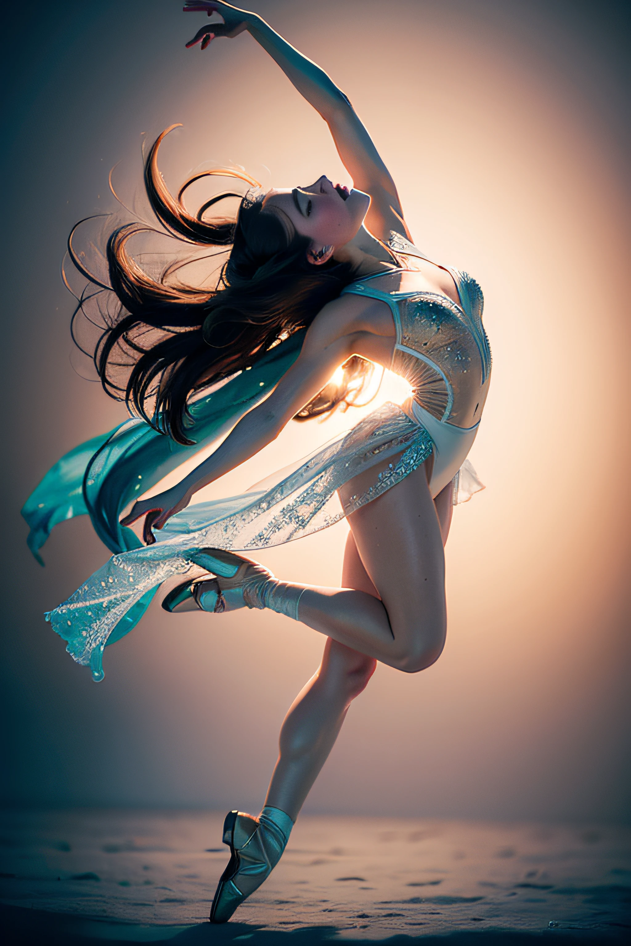 A dynamic portrait captures a ballet dancer mid-leap, frozen in a breathtaking moment of grace and elegance. The subject's graceful pose and flowing costume are highlighted by dynamic lighting and particle effects. The photography style resembles an ethereal watercolor painting, emphasizing fluidity and beauty. Camera parameters: Nikon Z6, f/1.4 aperture, ISO 320, shutter speed 1/500
