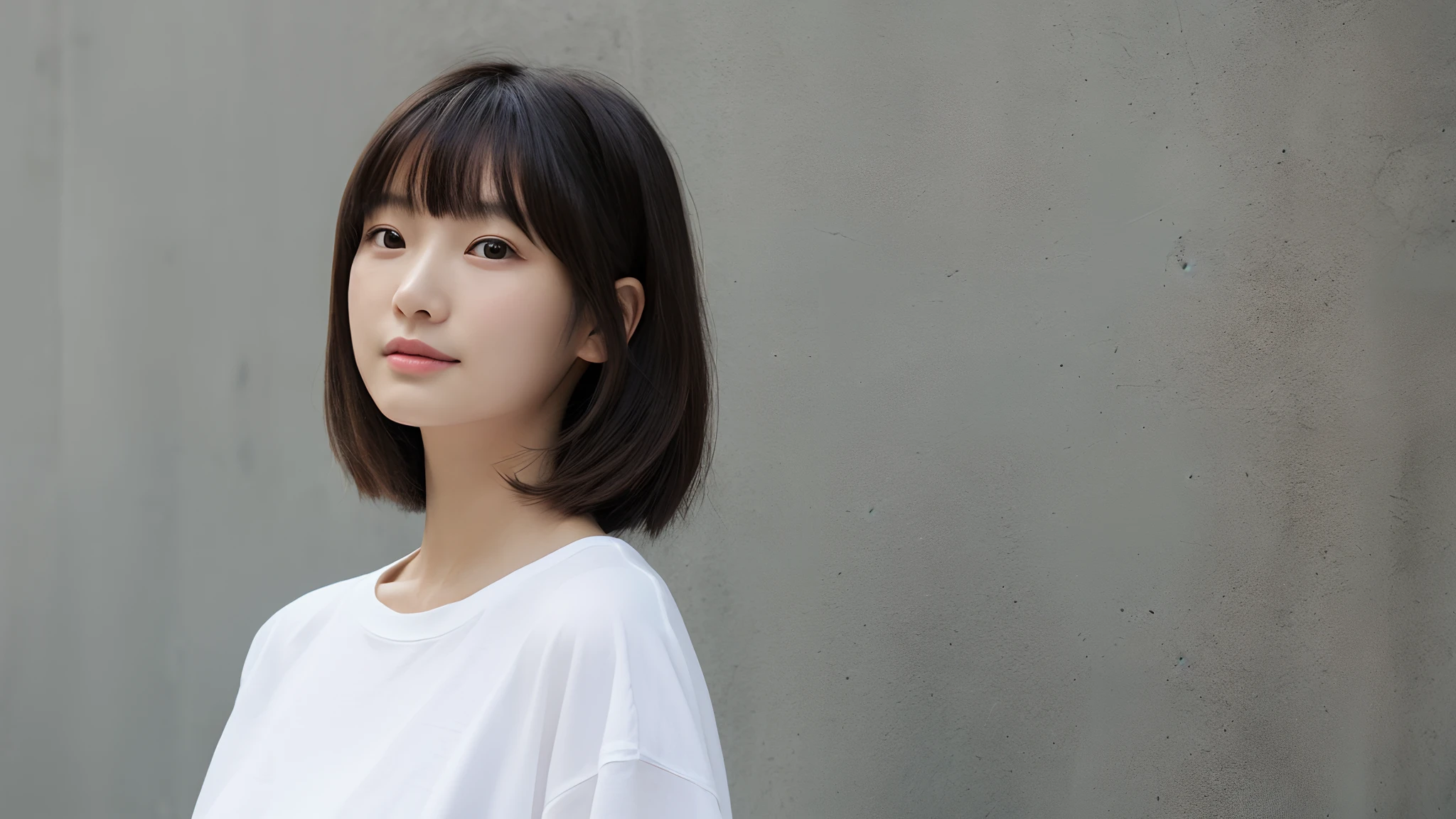 (top-quality、16K resolution)1 girl、solo、natural soft light、、A Japanese Lady、Looking at the camera、Long sleeve white T-shirt、Concrete background、Facing the front、is standing、bobhair、Woman in her late s、Light bangs、short-hair、Salon model、Natural look、portlate、floated hair、Rolled hair