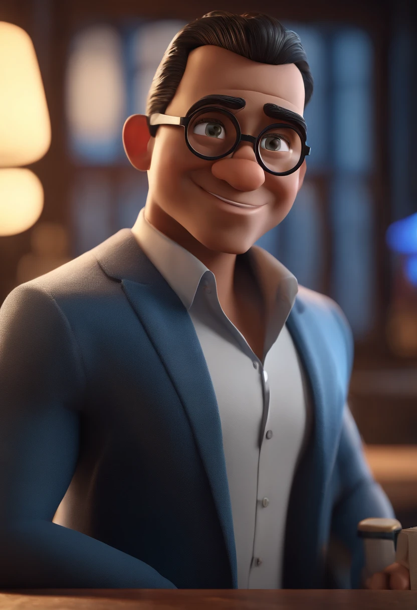 Cartoon character of a man with black glasses and a blue shirt, animation character, Caractere estilizado, animation style rendering, 3D estilizado, Arnold Maya render, 3 d render stylized, toon render keyshot, Personagem 3D, Personagem 3D, 3d rendering stylized, 3 d character render, personagem de desenho animado, Personagem de close up, Pose de personagem, (Estilo Pixar) (master part:1.2) (Bokeh) (best quality) (pele detalhada) (textura detalhada) (8k) (argila) (Cinematic lighting) (foco nítido