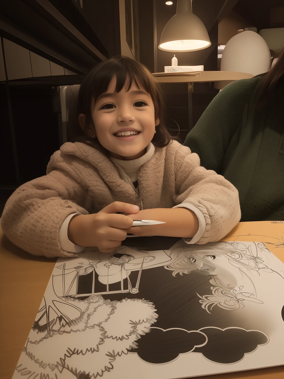 There's a  sitting at a table with a drawing on her, mid portrait, taken in the early 2020s, she is smiling and excited, sentado em uma mesa cor de mocha, Detalhes adicionais, Violeta Myers, sentado em uma mesa, non blurry, sentado em uma mesa, muito bobo olhando, an artistic pose, Directed by: David Ruby