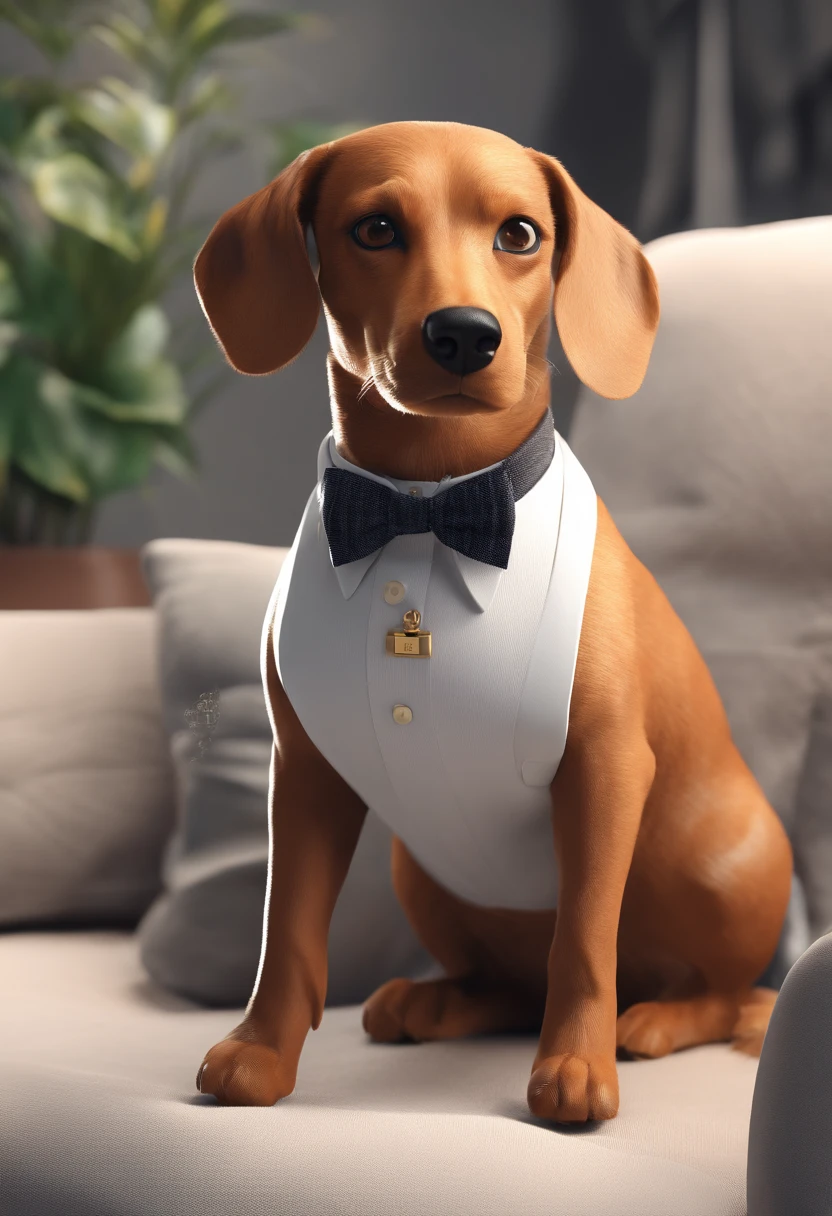 Create a pixer animation style . cachorro femea Dachshund, caramel and short hair, Elderly female some white hairs on muzzle.  Your chest is white. O cachorro esta sorrido. Ao lado do cachorro uma gato preto sentado. Com cara de bravo. It has a white bow tie around its neck. Setting: a living room with some plants and a sofa, Cat and dog are sitting on the couch