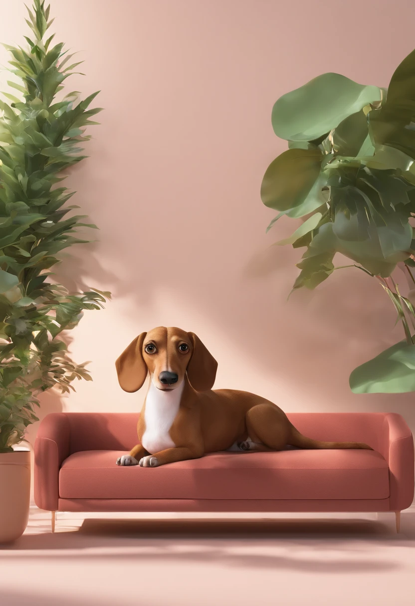 Create a pixer animation style . cachorro femea Dachshund, caramel and short hair, Elderly female some white hairs on muzzle.  Your chest is white. O cachorro esta sorrido. Ao lado do cachorro uma gato preto sentado. Com cara de bravo. It has a white bow tie around its neck. Setting: a living room with some plants and a sofa, Cat and dog are sitting on the couch