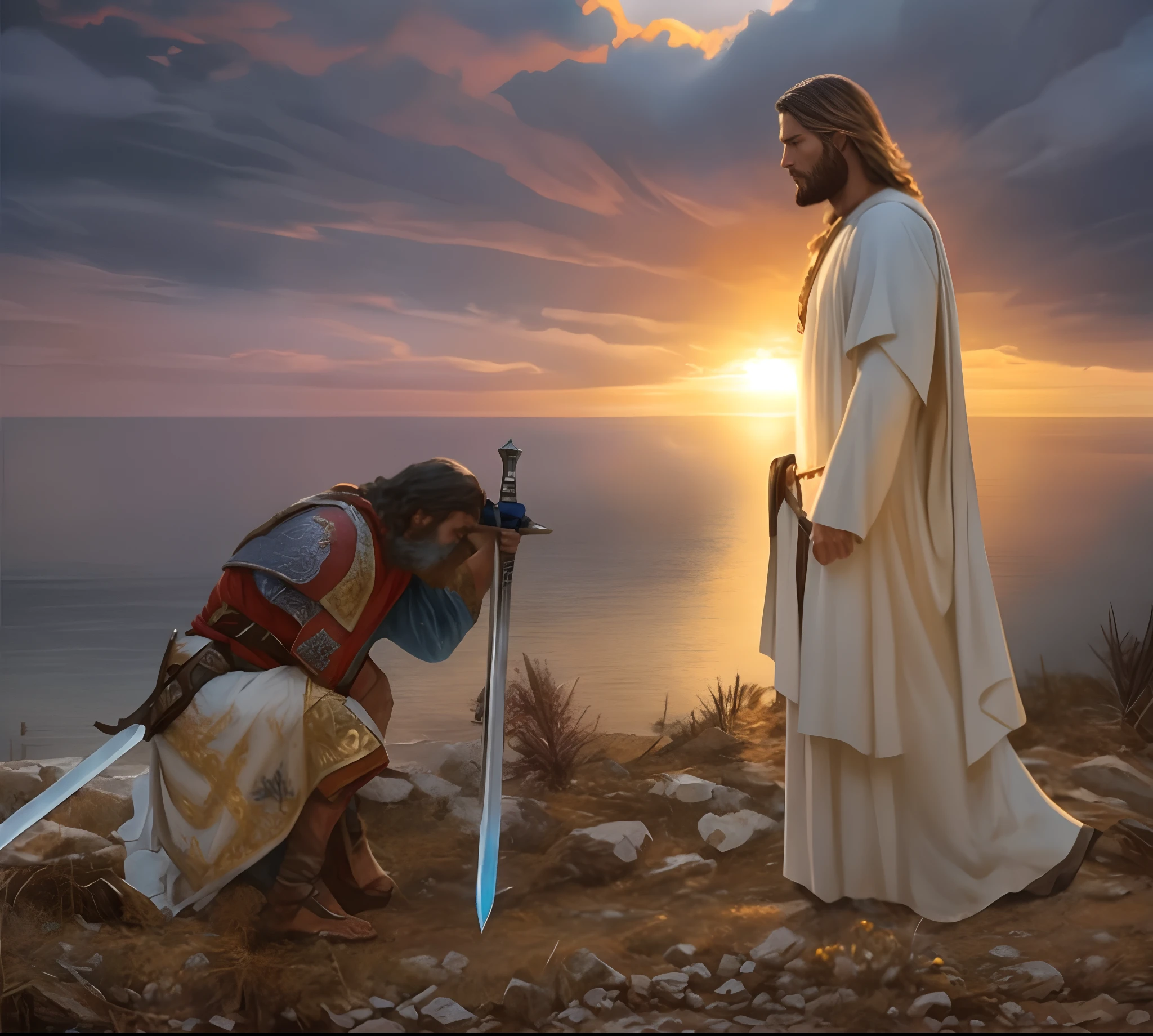 Jesus e um cavaleiro na margem de um lago, beautiful image ever created, Greg Olsen, templar, Ajoelhado!!, 'he knows what you did ', Jesus, quadro emocional, Directed by: Antonio Ciseri, beautiful depiction, obra-prima muito bonita, depois de uma batalha, foto poderosa, he is all alone, epic biblical representation, Ajoelhado, holy sword in his hands