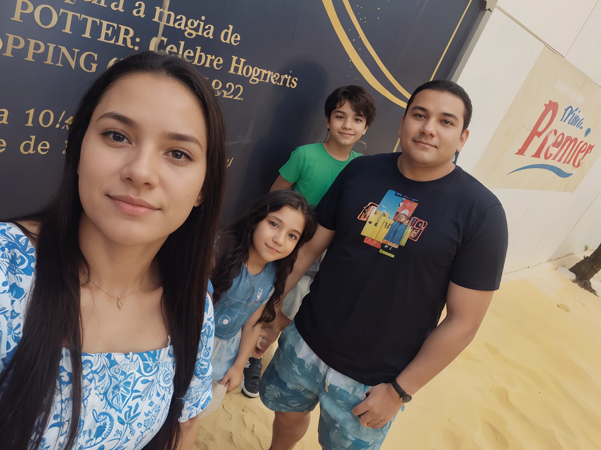 a Disney Pixar movie poster showing a family. The father is the tallest, Tem barba curta, , cabelos curtos e espinhosos. The mother has brown eyes and hair, na altura dos ombros. A menina tem 9 anos e cabelos castanhos, roupa rosa e rabos de cavalo, o menino tem 14 anos e parece. Om the mother.The background is a beach garden. 3D-rendering