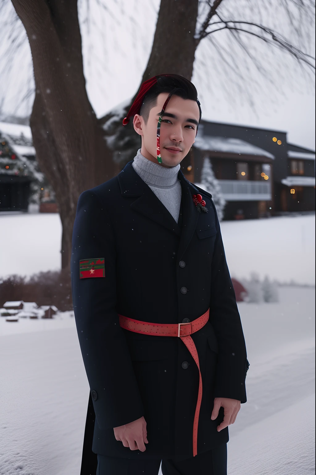 Man in christmas uniform standing in the snow, mid shot portrait, gala wear, Winter Aesthetics, profile shot, snowing, Christmas, disco, vibe, 真实感, is beautiful
