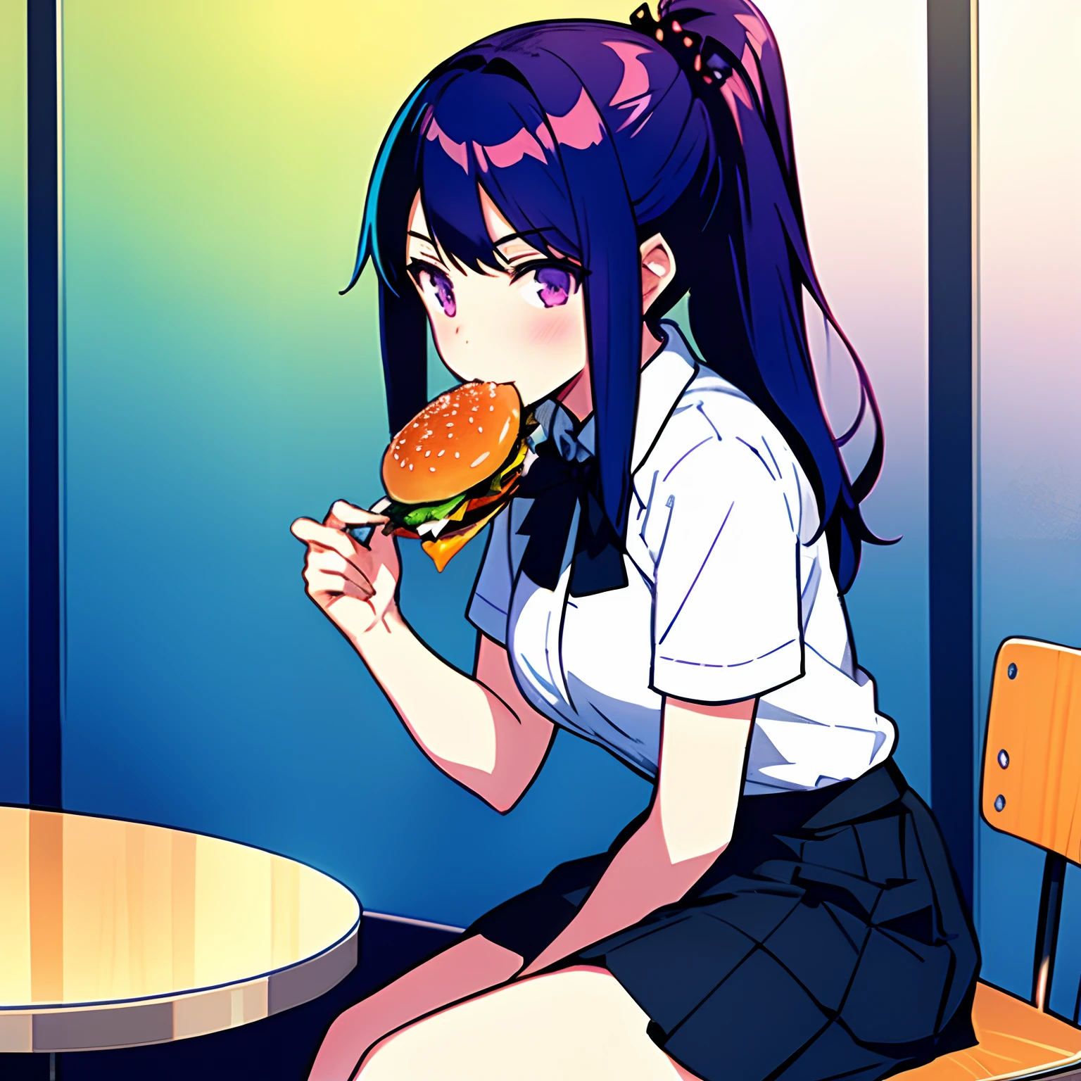 1 girl,solo,eating,burger,black hair,masterpiece, best quality,goth waifu,skirt,purple hair