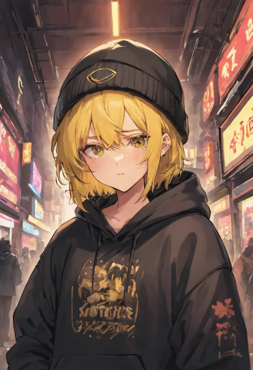 The boy who is wearing a black hoodie and has a parental advisory explicit content  logo on the chest of the hoodie, and wearing a black beanie hat, and wearing a dog tag necklace, and wearing full dark round glasses, and has yellow hair