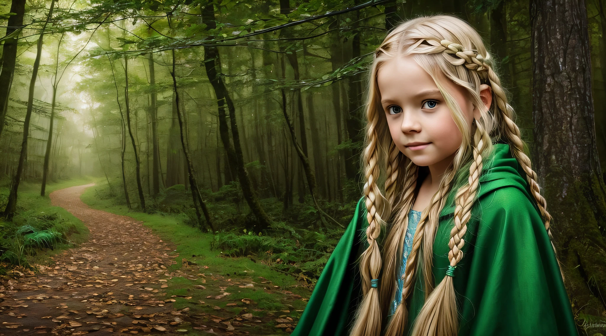 The Blonde Child Long Hair BRAIDS of the Green Cloak, close up, com o Lobo na Floresta Escura, pintura digital detalhada, uma pintura fotorrealista, fotografia de arte