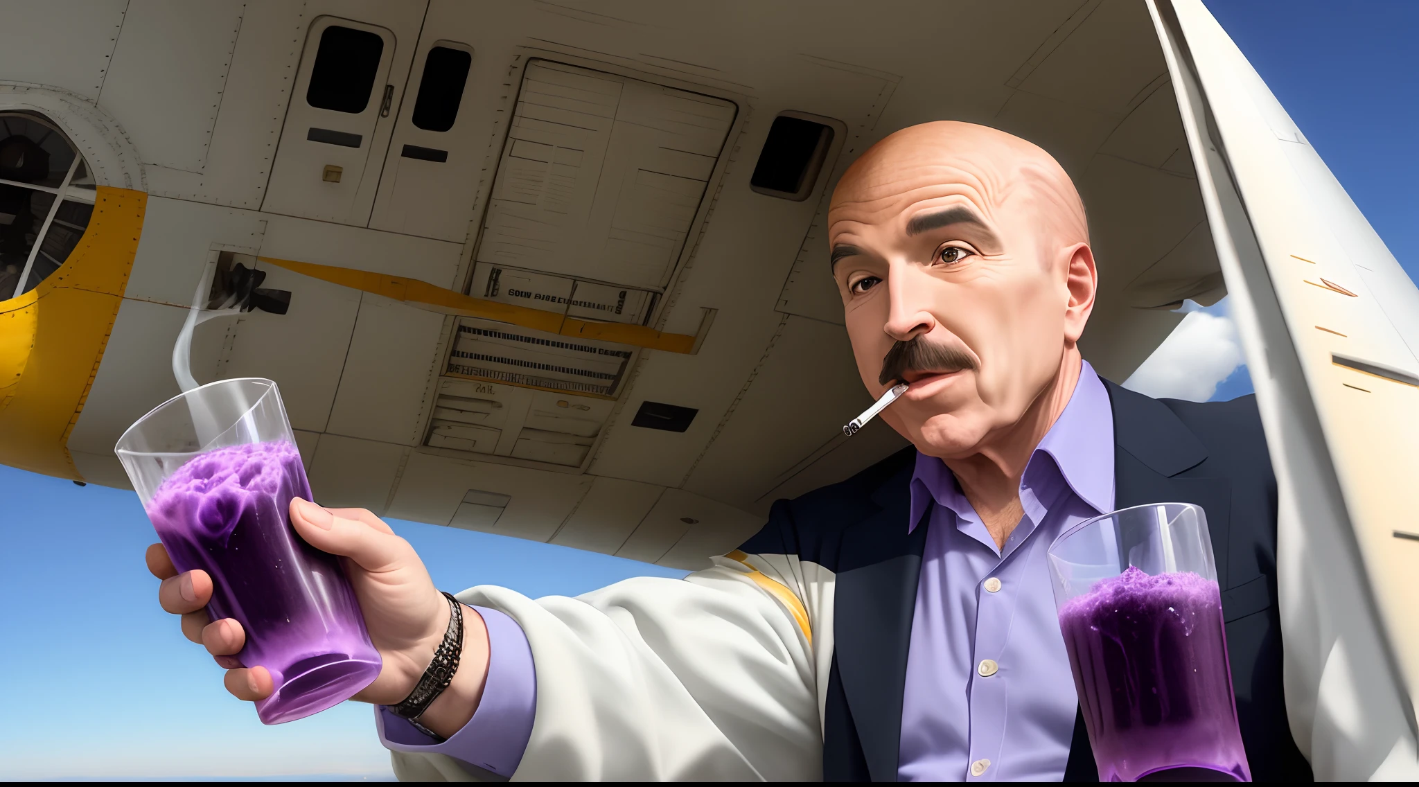 Dr.phil sipping purple drank while smoking weed on top of a plane in the sky