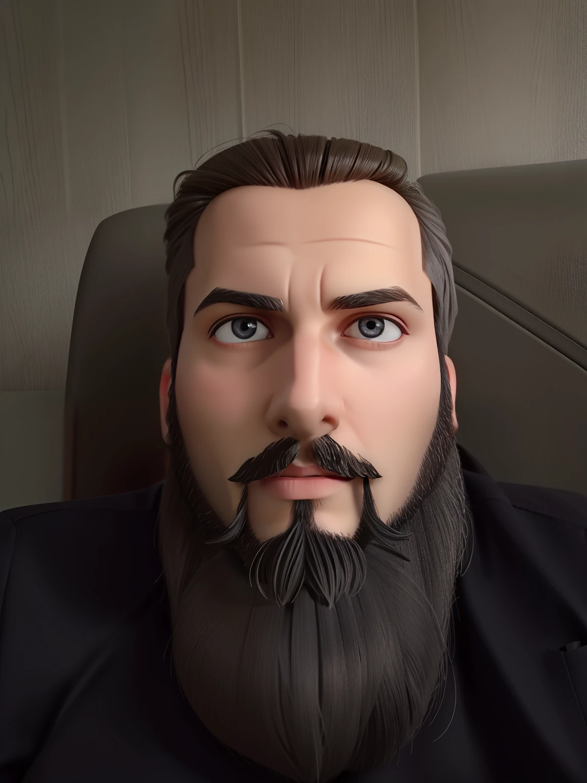 Man with beard and black shirt sitting on a couch, foto de perfil 1024px, inspirado em Aleksandr Gerasimov, inspirado em Serhii Vasylkivsky, alguns cabelos grisalhos na barba, imsorryjon, sem barba, Andrei Riabovitchevy, foto do perfil, cara com barba, cerca de 3 5 anos