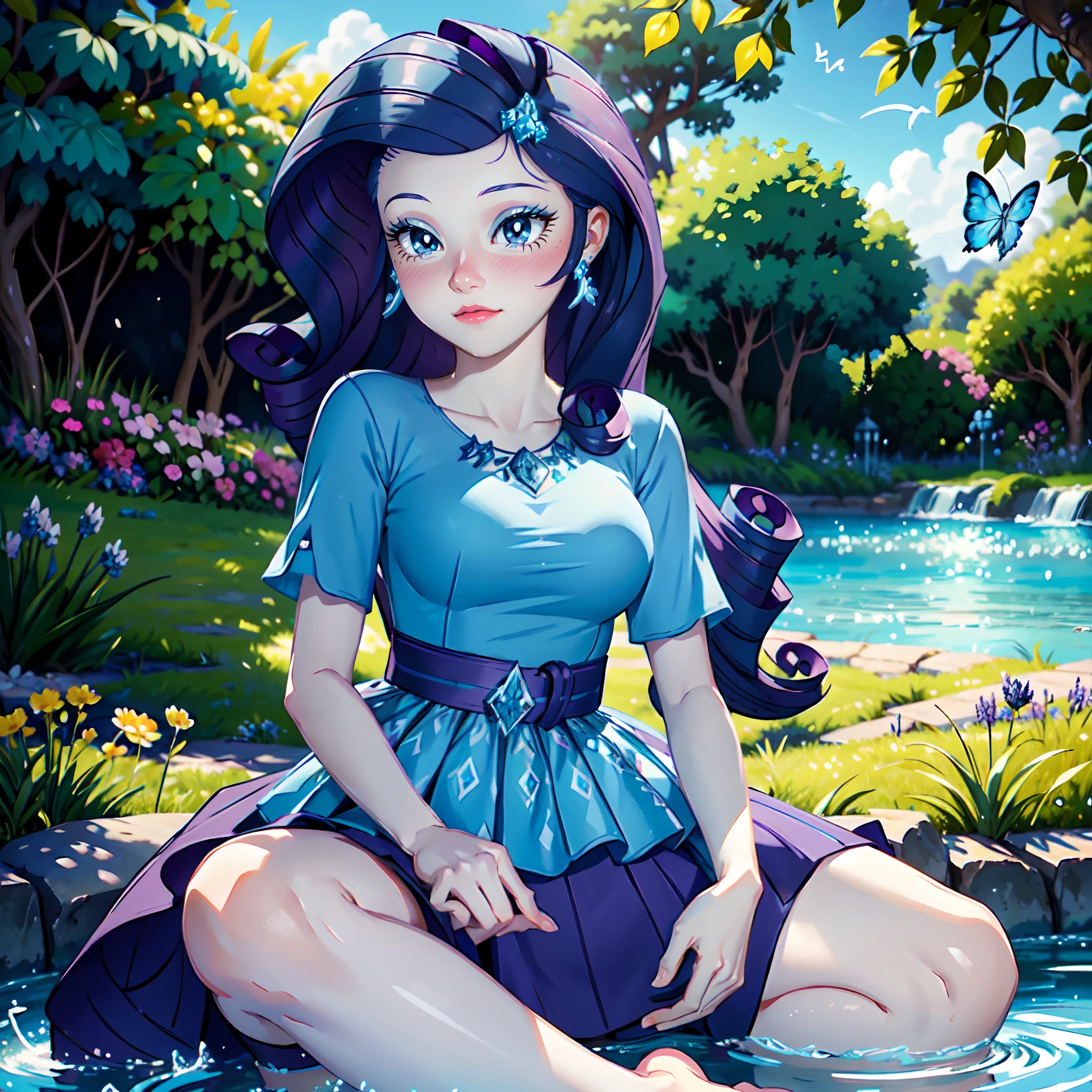 Rarity, rarity from my little pony, rarity in the form of a girl, lushes breast, curvy hips, dark purple curly hair, blue oceanic eyes, white and blue royal dress, in a mythical garden, sitting down on grass, waterfall, blue and white flowers everywhere, barefoot, diamonds earrings, soft decent smile lavender flowers, lily pads on the river, day time, anime sky, beautiful glowing white and blue butterflies, flowers everywhere, leaf vines, clear blue sky, bright day, highly detailed lighting, yellow pour light