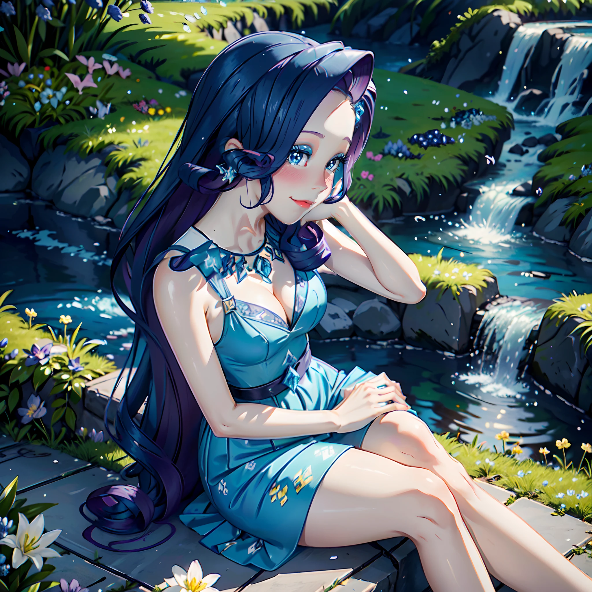 Rarity, rarity from my little pony, rarity in the form of a girl, lushes breast, curvy hips, dark purple curly hair, blue oceanic eyes, white and blue royal dress, in a mythical garden, sitting down on grass, waterfall, blue and white flowers everywhere, barefoot, diamonds earrings, soft decent smile lavender flowers, lily pads on the river, day time, anime sky, beautiful glowing white and blue butterflies, flowers everywhere, leaf vines, clear blue sky, bright day, highly detailed lighting, yellow pour light