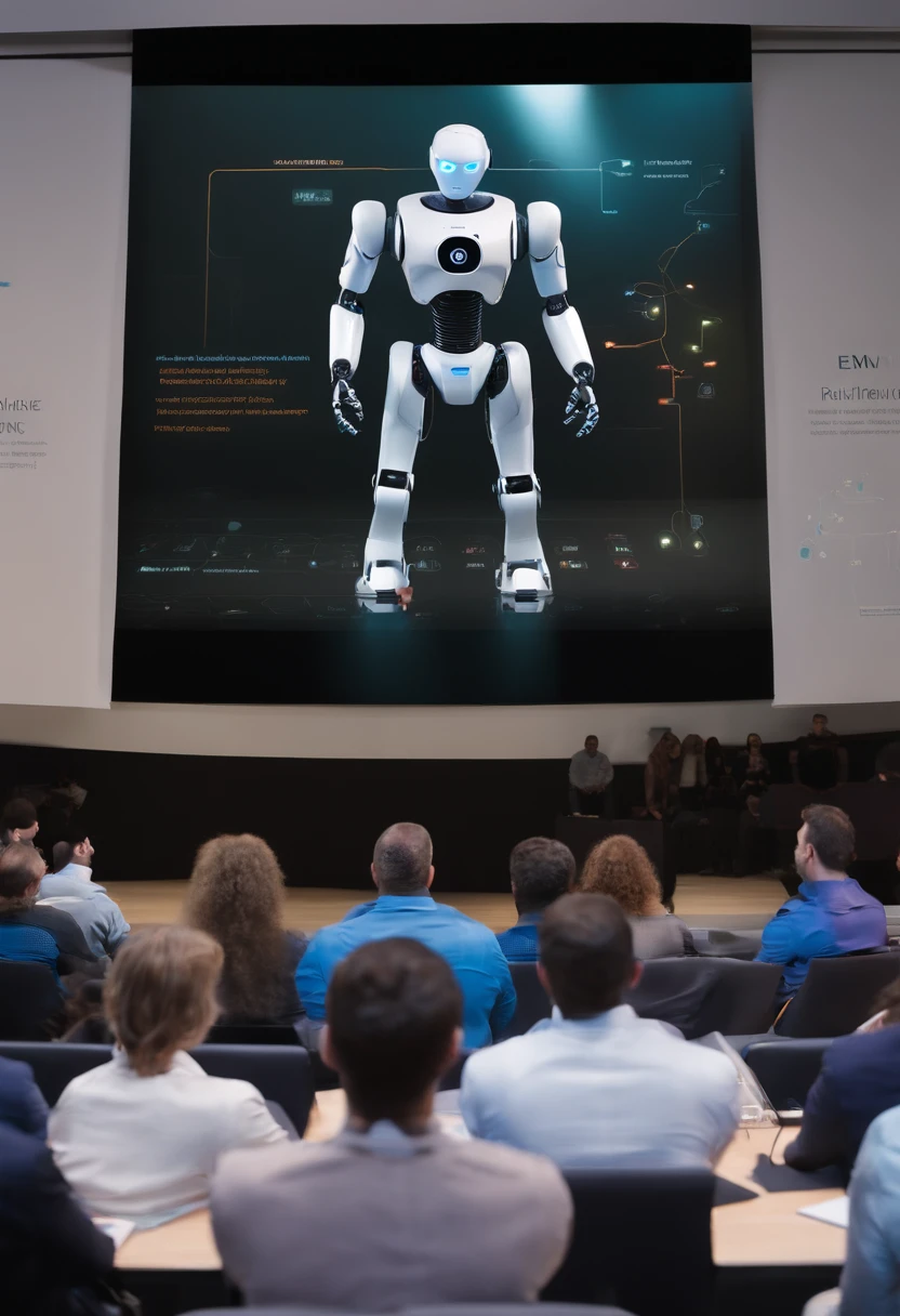Visualize an advanced technology conference. On stage, an ultra-realistic robot is giving a lecture on artificial intelligence to an audience composed of humans. The robot, with its futuristic and detailed appearance, is gesturing and interacting with the audience in an almost human way. In the background, a large screen clearly displays the title of the lecture: "Criando sua primeira AI". The title is sharp, correctly saying, and the spelling is precise and accurate. The stage lighting highlights both the robot and the words on the screen. Please note that every aspect of this image should be ultra-realistic.”