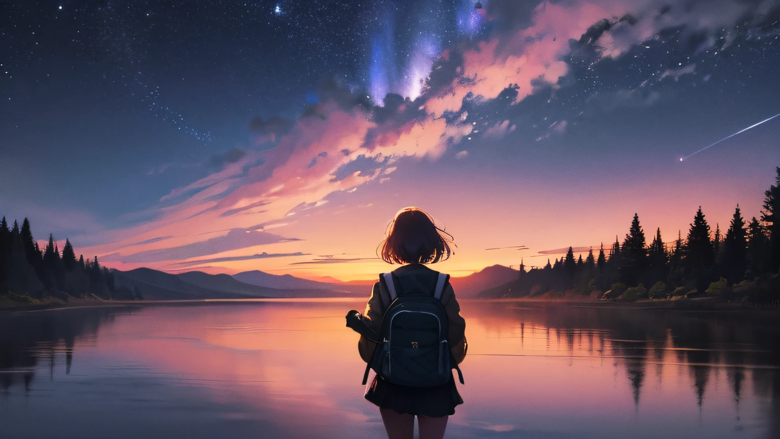 {{{masterpiece}}, {{{best quality}, {{ultra-detailed}}, {illustration}, {{an extremely delicate and beautiful}}, beautiful milky way, night sky, wide sky, mysterious, deep sky, falling sky, traveling girl, rucksack, back view, girl looking at night sky, In the middle of the journey, 8k, morning is near, the sky is about to be swallowed, the morning is near, the night is over, the beginning is near, deep darkness, cinematic, mysterious, fantastic, beautiful,