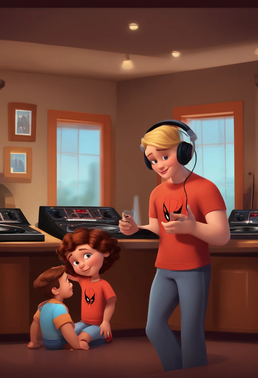 a man with his son, short hair, short beard, brown eyes, with headphones, DJ, a music studio in background, image in pixar style, 3D Animated Movie Style, disney, black t-shirt, son wearing super Spiderman t-shirt, his wife with blond hair, looking both listen the music.