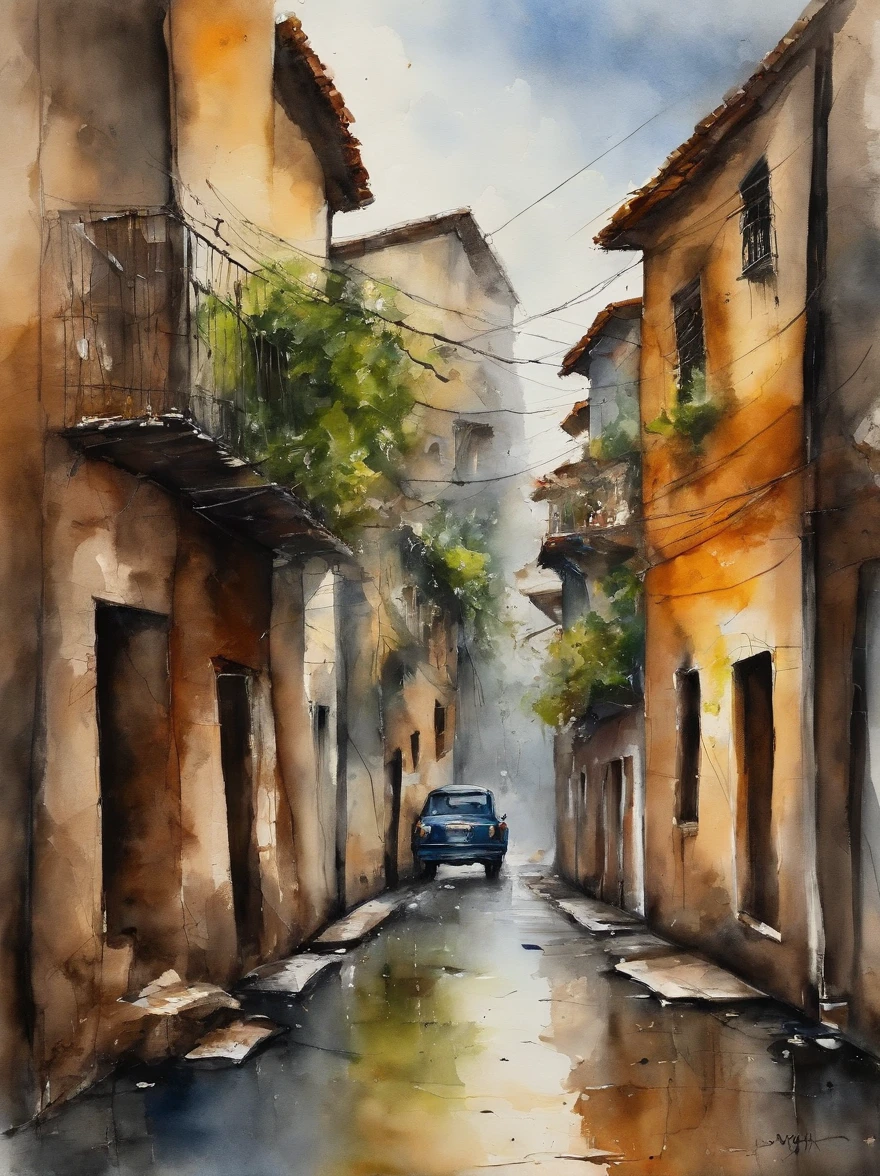 moderno, linhas de velocidade, Ponto de Fuga, UHD, obra prima, Altos detalhes,There's an alley in a Rio favela in Brazil in the bustling city，The wires are sandwiched between the houses on both sides，ruas de terra enlameadas ao longo do caminho，The sides are lined with greenery。It's only rained here，Puddles are scattered everywhere，The sky is grey，Tudo parecia particularmente caseiro,ruas molhadas ,chovendo, um cachorro na rua, estilo abstrato