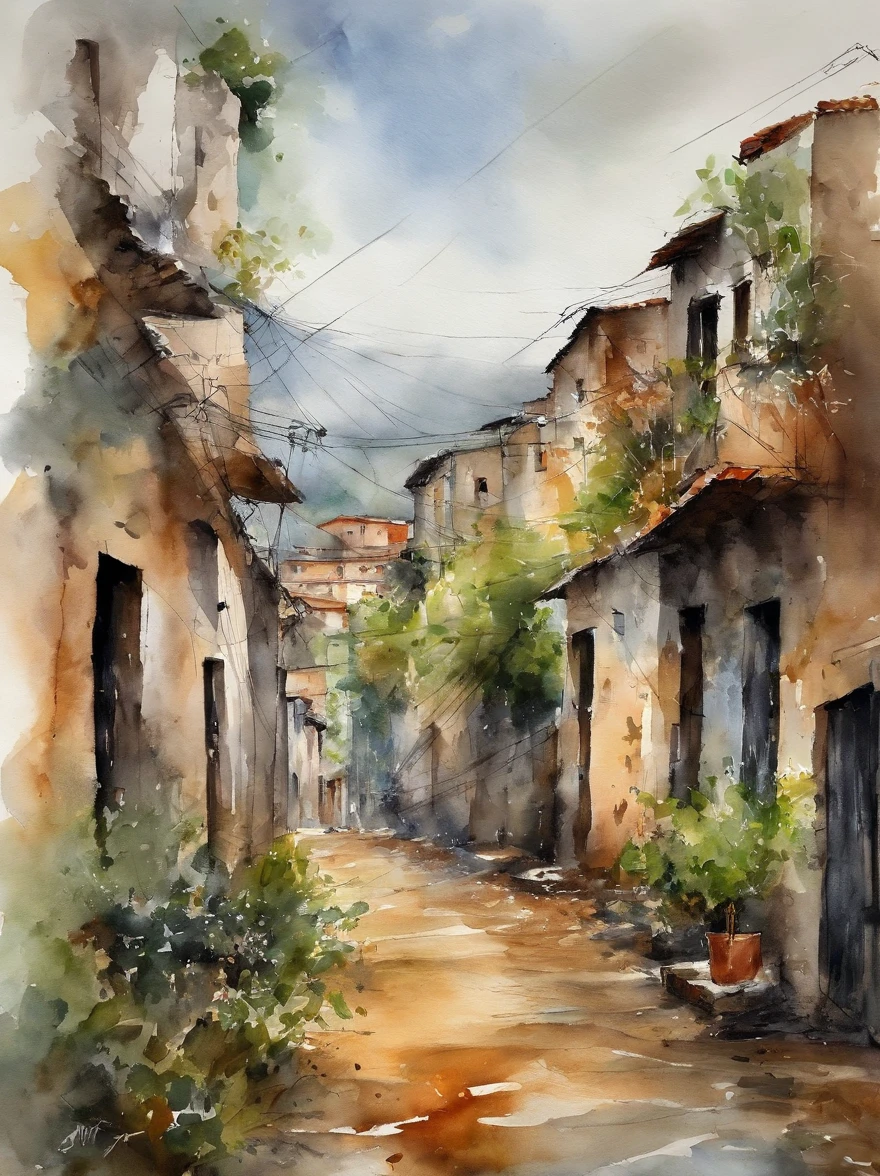 moderno, linhas de velocidade, Ponto de Fuga, UHD, obra prima, Altos detalhes,There's an alley in a Rio favela in Brazil in the bustling city,The wires are sandwiched between the houses on both sides,ruas de terra enlameadas ao longo do caminho,The sides are lined with greenery。It's only rained here,Puddles are scattered everywhere,The sky is grey,Tudo parecia particularmente caseiro,ruas molhadas ,chovendo, um cachorro na rua, estilo abstrato