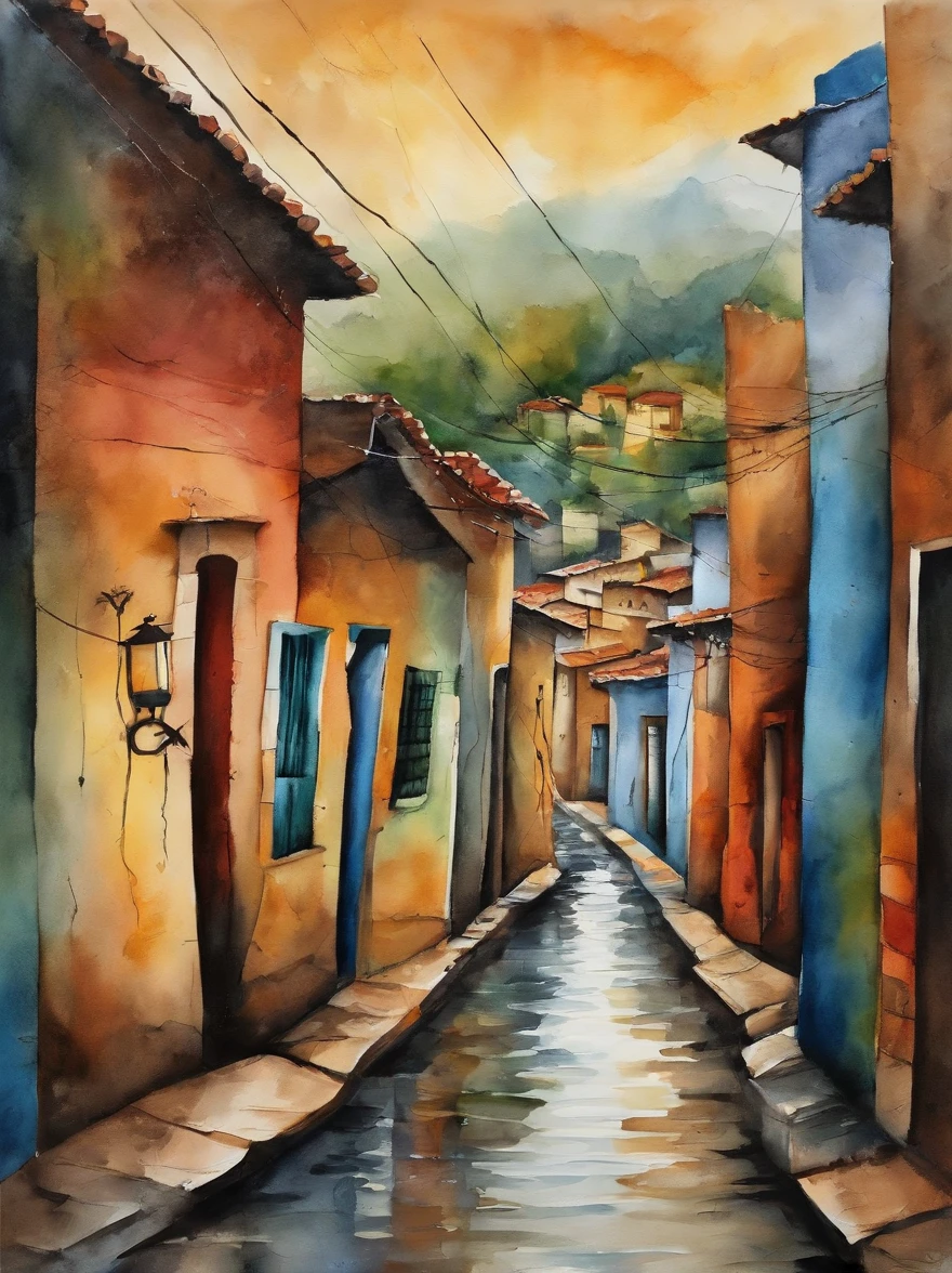 moderno, linhas de velocidade, Ponto de Fuga, UHD, obra prima, Altos detalhes,There's an alley in a Rio favela in Brazil in the bustling city,The wires are sandwiched between the houses on both sides,ruas de terra enlameadas ao longo do caminho,The sides are lined with greenery。It's only rained here,Puddles are scattered everywhere,The sky is grey,Tudo parecia particularmente caseiro,ruas molhadas ,chovendo, um cachorro na rua, estilo abstrato