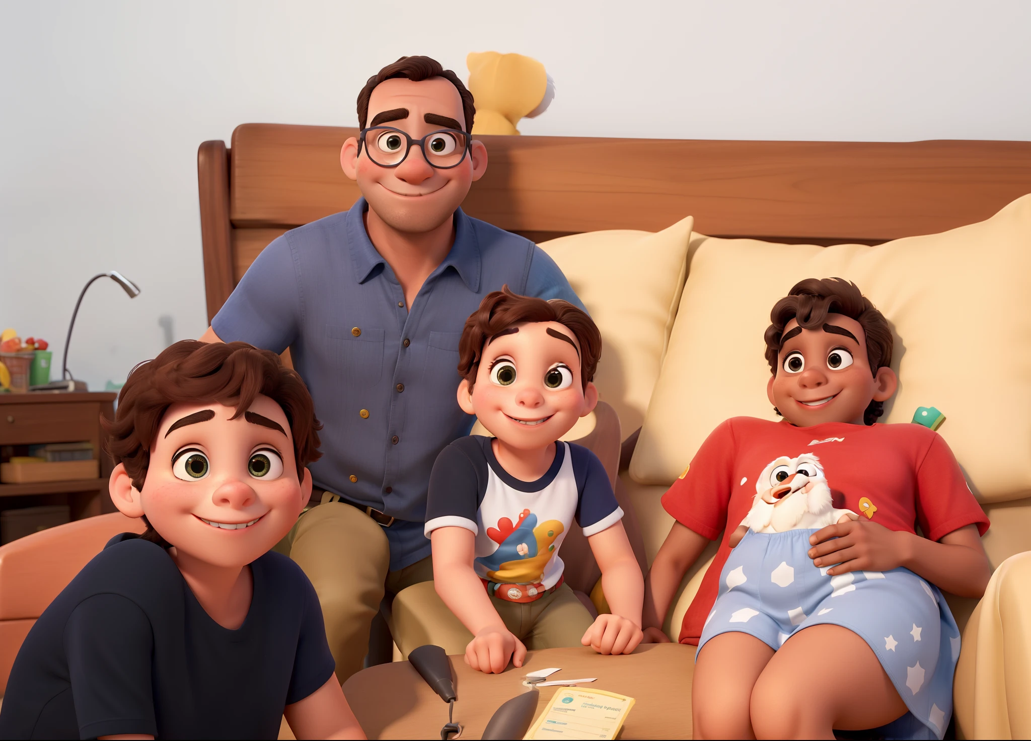 Alta qualidade, de melhor qualidade, estilo Disney pixar, um homem, uma na esquerda, uma meninantro, um menino na di