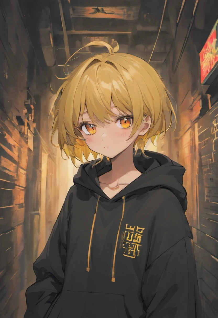 The boy who is wearing a black hoodie, with regular eyes, and has a parental advisory explicit content logo on the chest of the hoodie boy wear, and wearing a black beanie hat, and wearing a dog tag army necklace, and wearing full dark round glasses on eyes, and has yellow hair