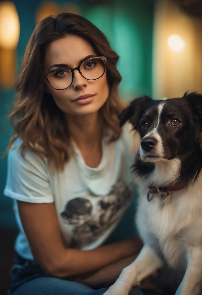 Beautiful woman, 29 anos, cabelo ruivos liso, olhos castanhos escuros,rosto levemente arredondado, bochechas grandes, eyeglass, Wearing a T-shirt with a Yorkshire dog drawn on it