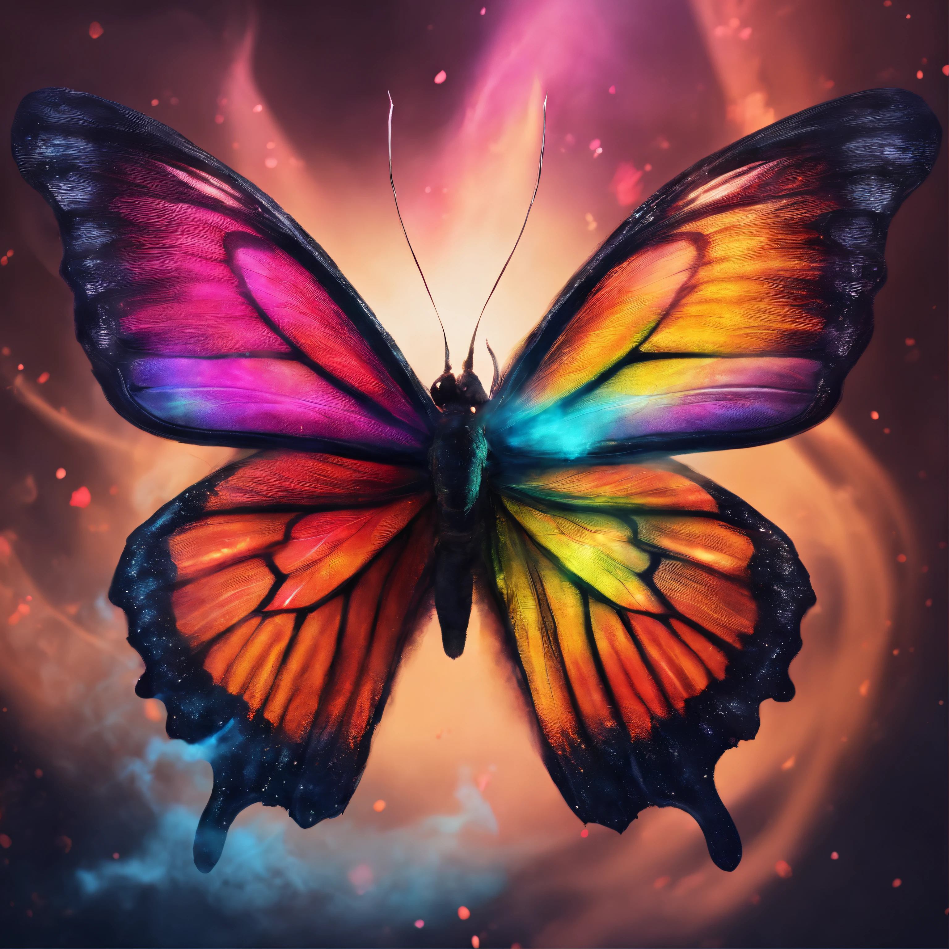 front view, a colorful butterfly surrounded by colored smoke, black background, ultra realistic, lots of details, cinematic light, 4k