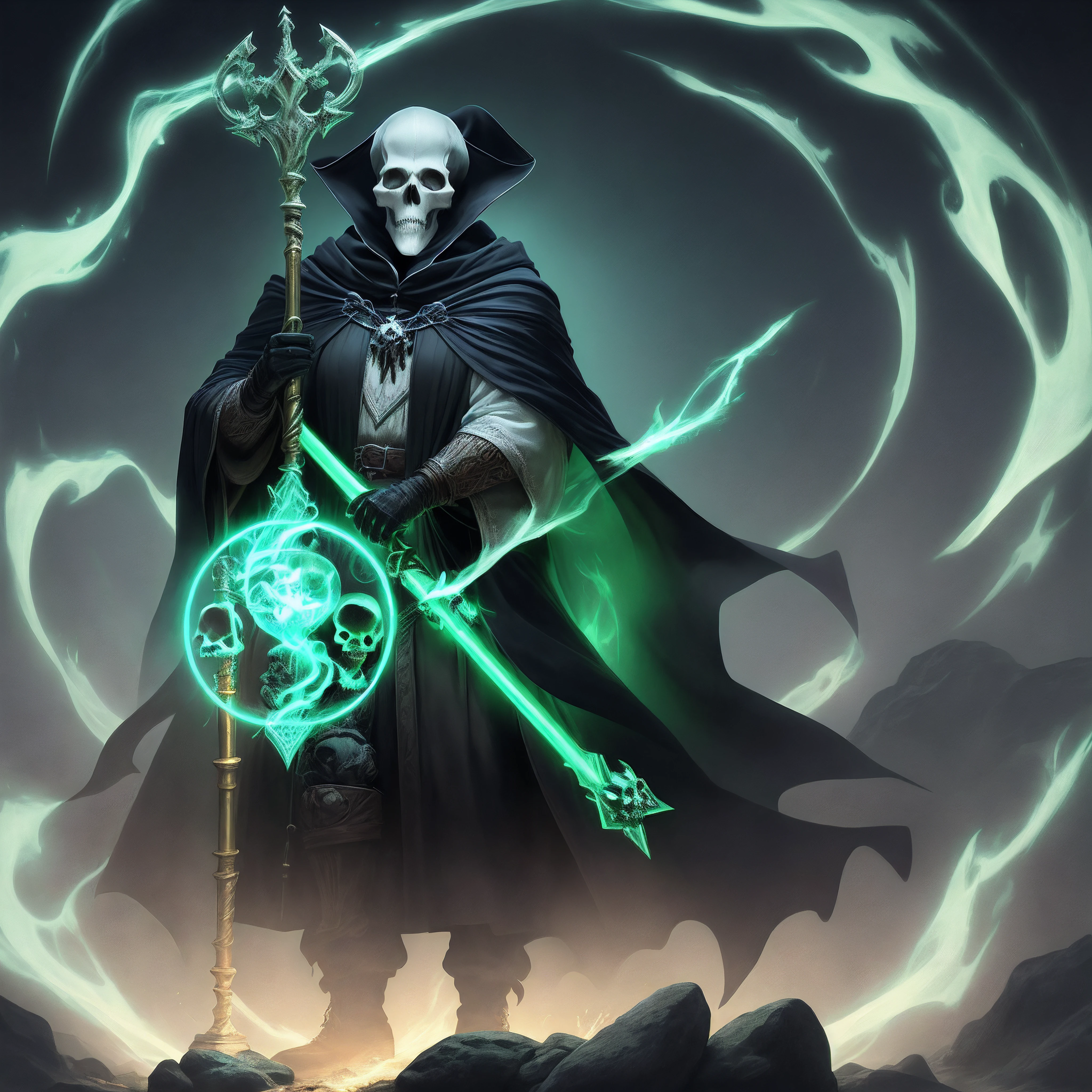 Skull man, wizard, wizard holding a large shining staff with a black cloak with magical energy exuding in green color;
