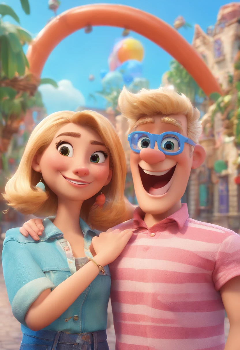 Cartoon of couple having fun on vacation together, 3D Animation Movie Poster, Poster de filme animado, pixar 3 d animation style, pixar renderman rendering, maia 8 mil, animated film, Disney Pixar Estilo 3D, casal feliz saem juntos, ele veste jeans e camiseta branca, cabelos grisalhos ela veste vestido azul ,tudo no estilo anos 80, Ele tem 55 anos e olhos azuis, She's 35 Blonde Short Hair Disney Pixar Animation Poster