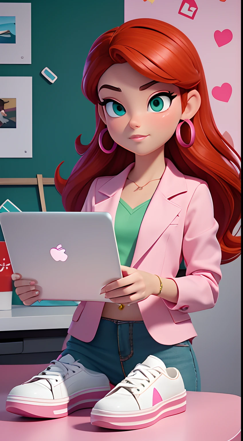 Inspired by Disney Pixar in 3d, a girl with straight red hair, white skin and green eyes, wearing a pink blazer Heeled shoes... Working in an office, with a wallpaper with an Instagram design holding a phone sitting at the table with a computer, this girl is a creative content creator