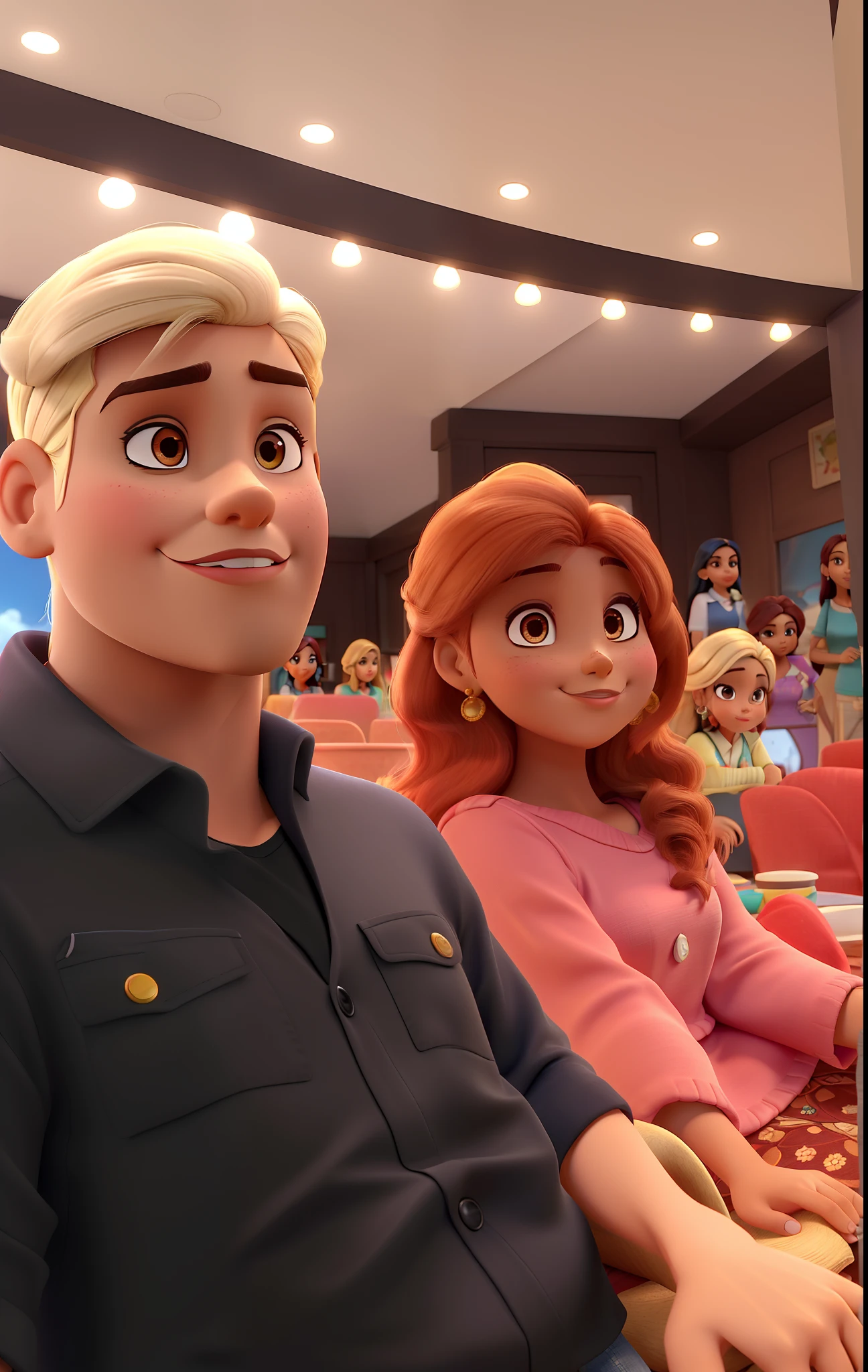 Casal (mulher morena cabelos curtos e enrolados e mulher morena, cabelo liso) no estilo Disney Pixar, alta qualidade, melhor qualidade.