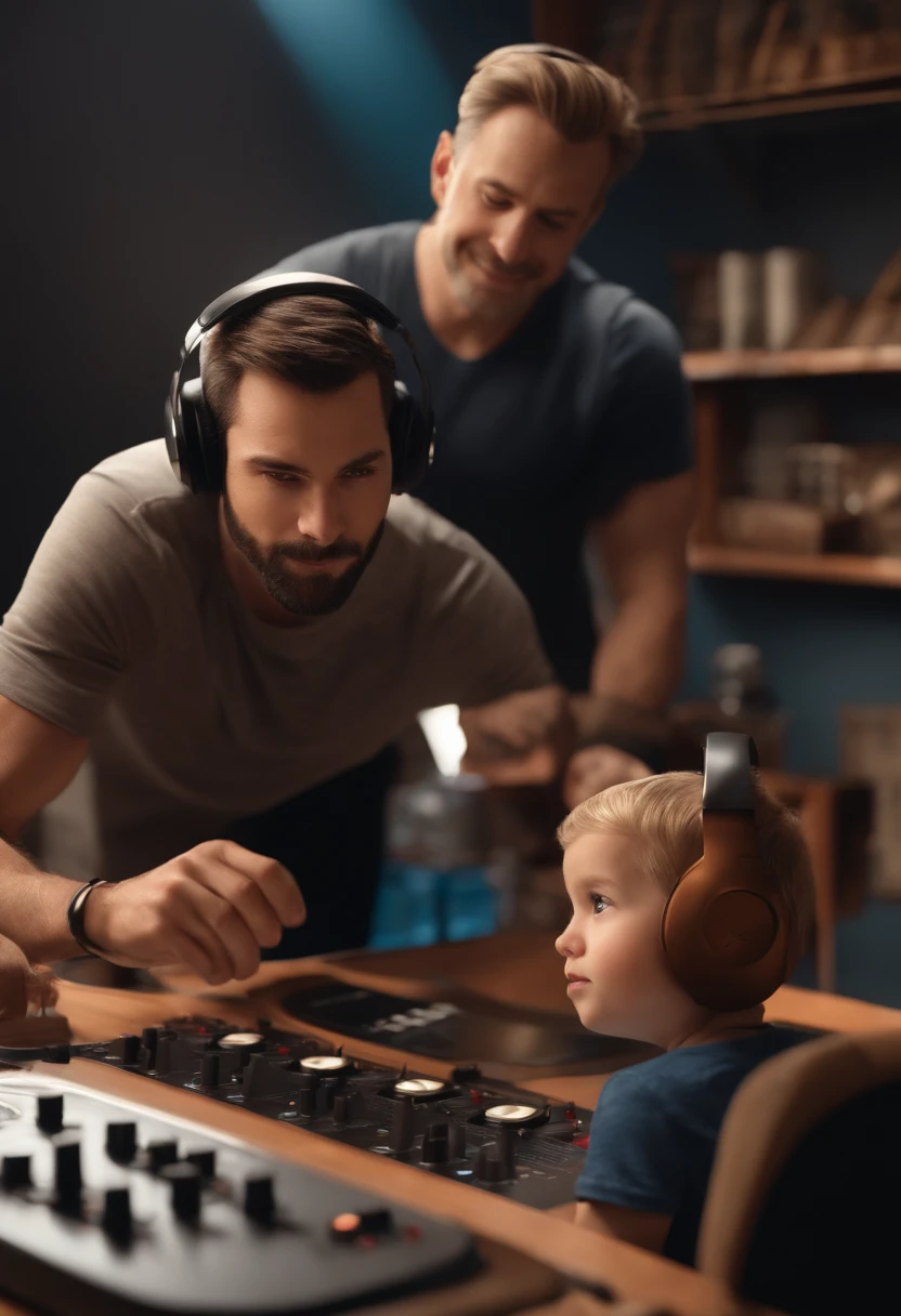 a man with his son, short hair, short beard, brown eyes, with headphones, DJ, a music studio in background, image in pixar style, 3D Animated Movie Style, disney, black t-shirt, son wearing super Spiderman t-shirt, his wife with blond hair, looking both listen the music.