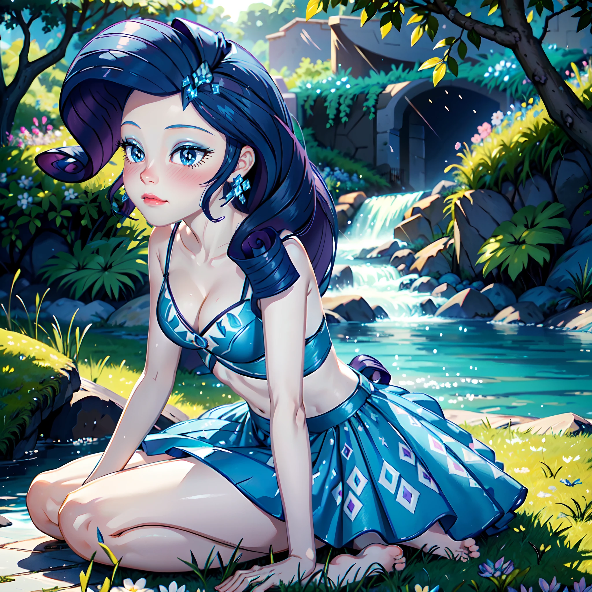 Rarity, rarity from my little pony, rarity in the form of a girl, lushes breast, curvy hips, dark purple curly hair, blue oceanic eyes, white and blue royal dress, in a mythical garden, sitting down on grass, waterfall, blue and white flowers everywhere, barefoot, diamonds earrings, soft decent smile lavender flowers, lily pads on the river, day time, anime sky, beautiful glowing white and blue butterflies, flowers everywhere, leaf vines, clear blue sky, bright day, highly detailed lighting, yellow pour light