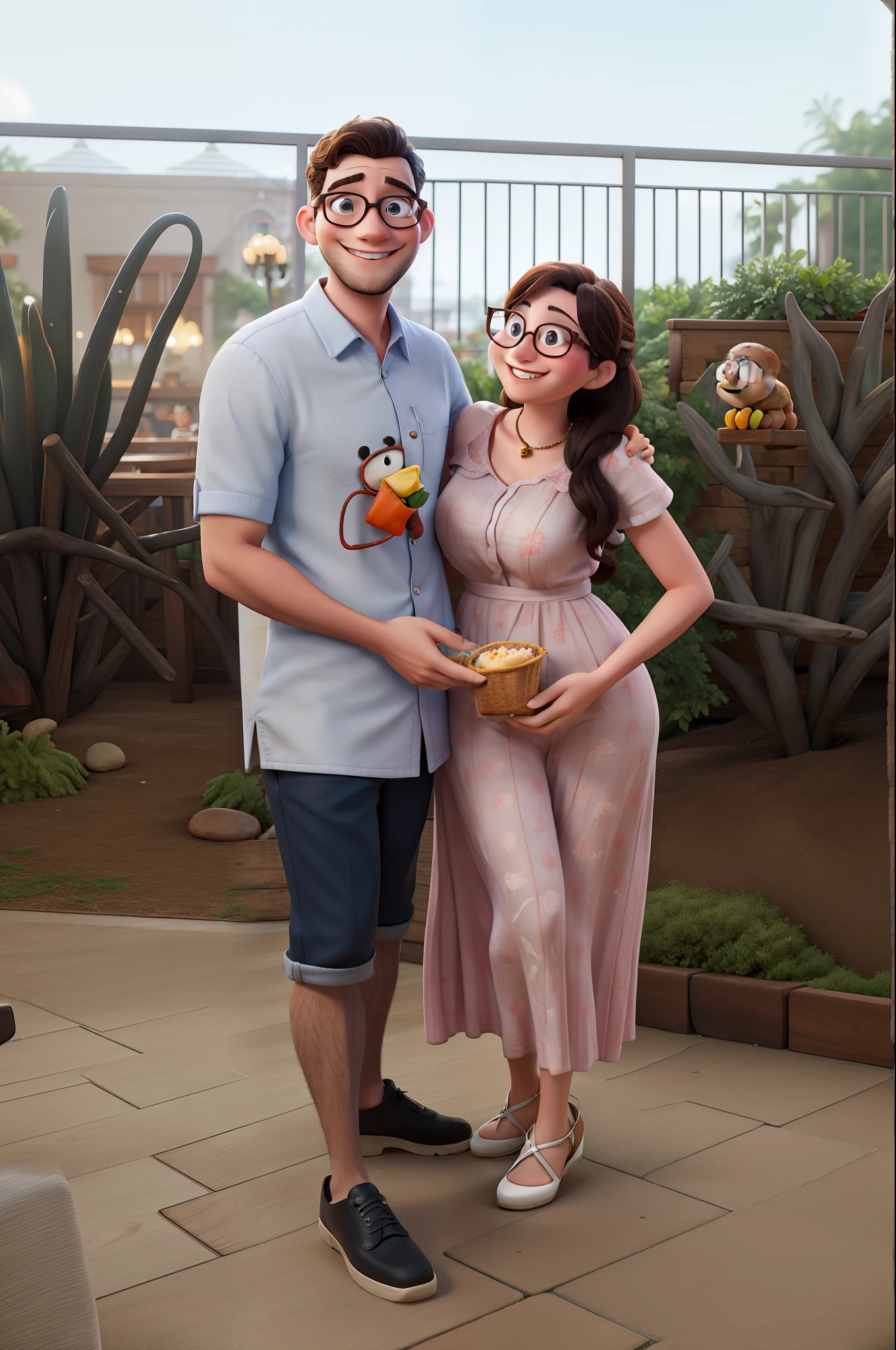 Disney Style Couple With Glasses Smiling In Restaurant.