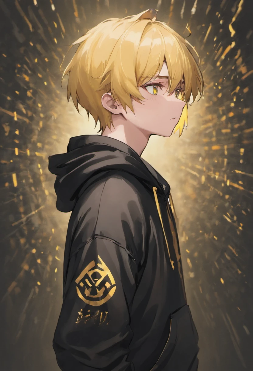 A young man in a black hoodie logo parental advisory, with ordinary eyes and yellow hair, who is always calm