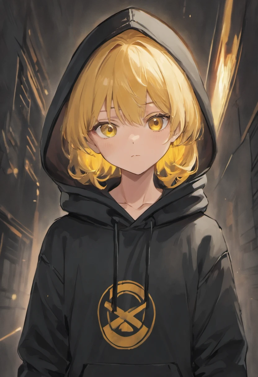 A young man in a black hoodie logo parental advisory, with ordinary eyes and yellow hair, who is always calm