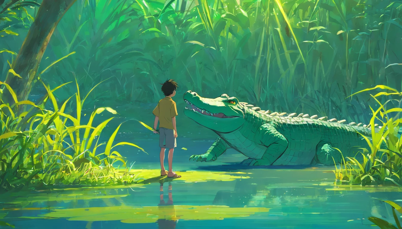 A boy raised by alligators in the swamp, alligator , menino , alligator , menino , Cartoon