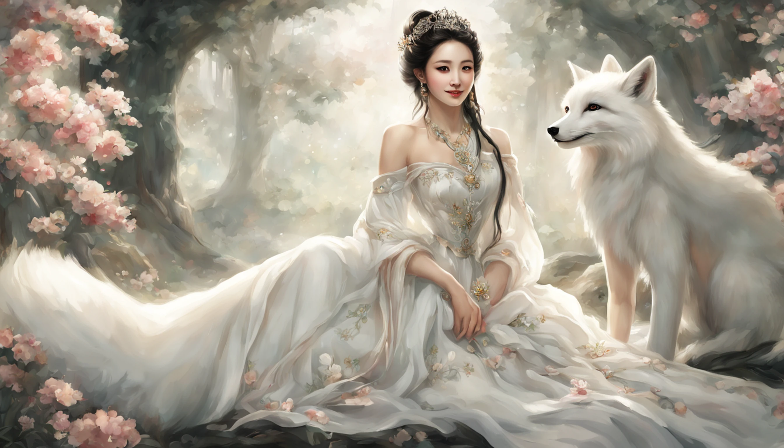 Uma imagem de alta qualidade、Masterpiece quality paintings are presented before us。There is a white fox with nine tails in the photo，Seu corpo lembra um vestido de porcelana de seda transparente。A raposa de nove caudas tem um rosto bonito，Wear beautiful hair accessories and necklaces，He also wore jewelry。Her long hair is covered over her body，Emparelhar com os brincos。It's smiling and looking at the audience，The mouth is slightly closed，Lips are rosy。The overall paint effect is very realistic，Era como se a raposa de nove caudas estivesse por perto。Este trabalho foi criado por Dark Studios，Through edge lighting and two-tone lighting，Cria um efeito de luz suave。O desfoque de fundo torna nosso olhar mais focado na beleza da raposa de nove caudas。
