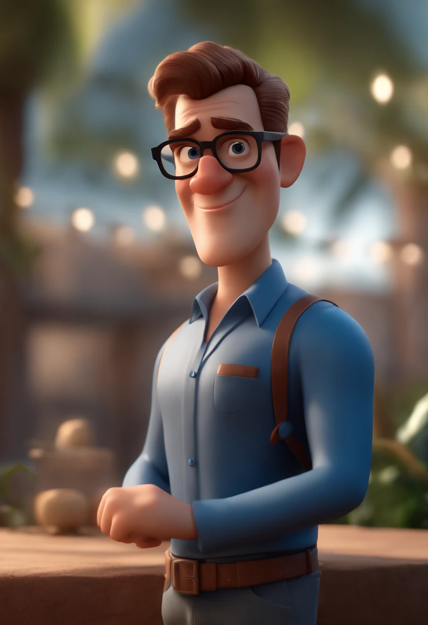 Cartoon character of a man with black glasses and a blue shirt, animation character, Caractere estilizado, animation style rendering, 3D estilizado, Arnold Maya render, 3 d render stylized, toon render keyshot, Personagem 3D, Personagem 3D, 3d rendering stylized, 3 d character render, personagem de desenho animado, Personagem de close up, Pose de personagem, (Estilo Pixar) (master part:1.2) (Bokeh) (best quality) (pele detalhada) (textura detalhada) (8k) (argila) (Cinematic lighting) (foco nítido