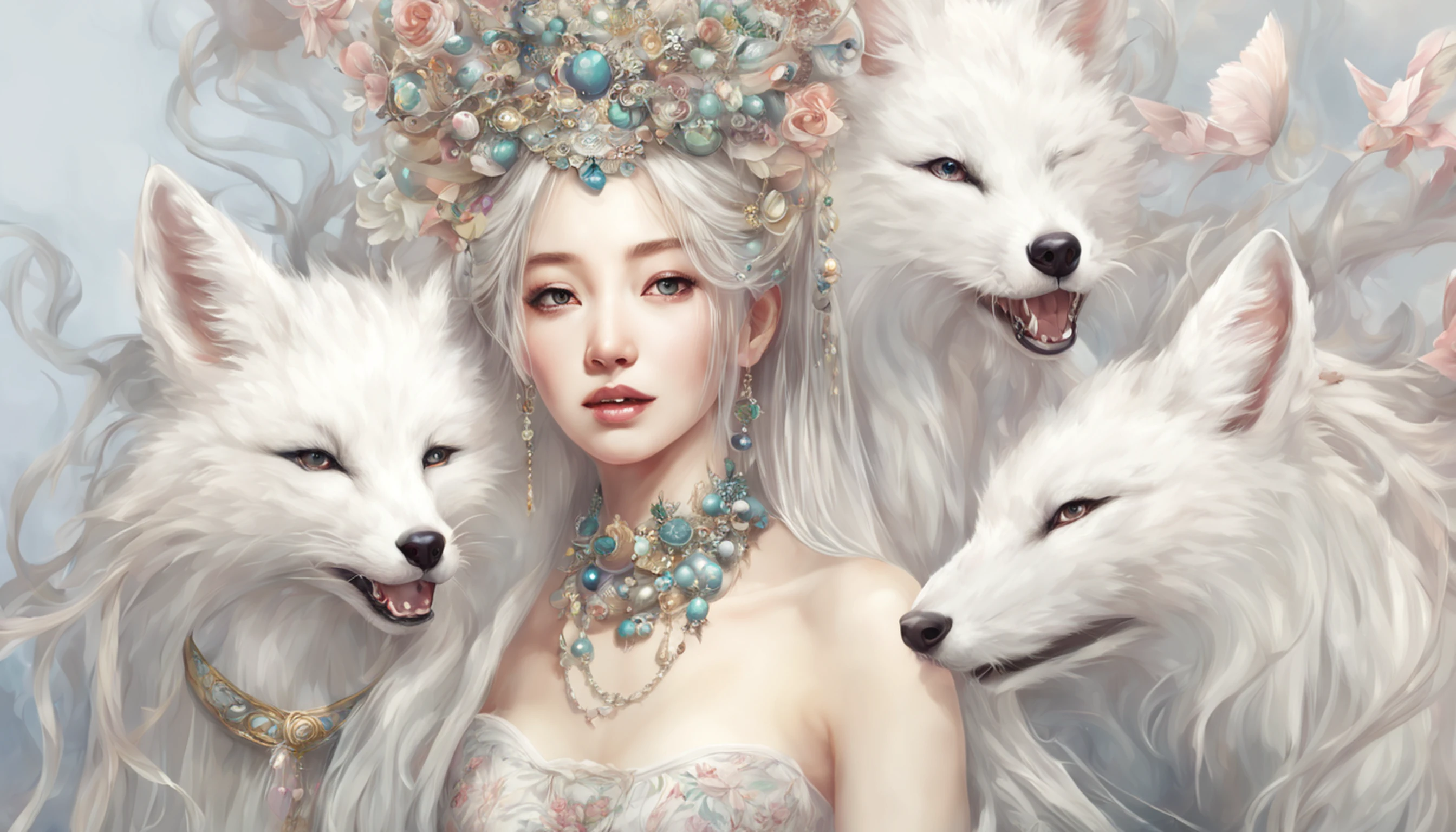 Uma imagem de alta qualidade、Masterpiece quality paintings are presented before us。There is a white fox with nine tails in the photo，Seu corpo lembra um vestido de porcelana de seda transparente。A raposa de nove caudas tem um rosto bonito，Wear beautiful hair accessories and necklaces，He also wore jewelry。Her long hair is covered over her body，Emparelhar com os brincos。It's smiling and looking at the audience，The mouth is slightly closed，Lips are rosy。The overall paint effect is very realistic，Era como se a raposa de nove caudas estivesse por perto。Este trabalho foi criado por Dark Studios，Through edge lighting and two-tone lighting，Cria um efeito de luz suave。O desfoque de fundo torna nosso olhar mais focado na beleza da raposa de nove caudas。