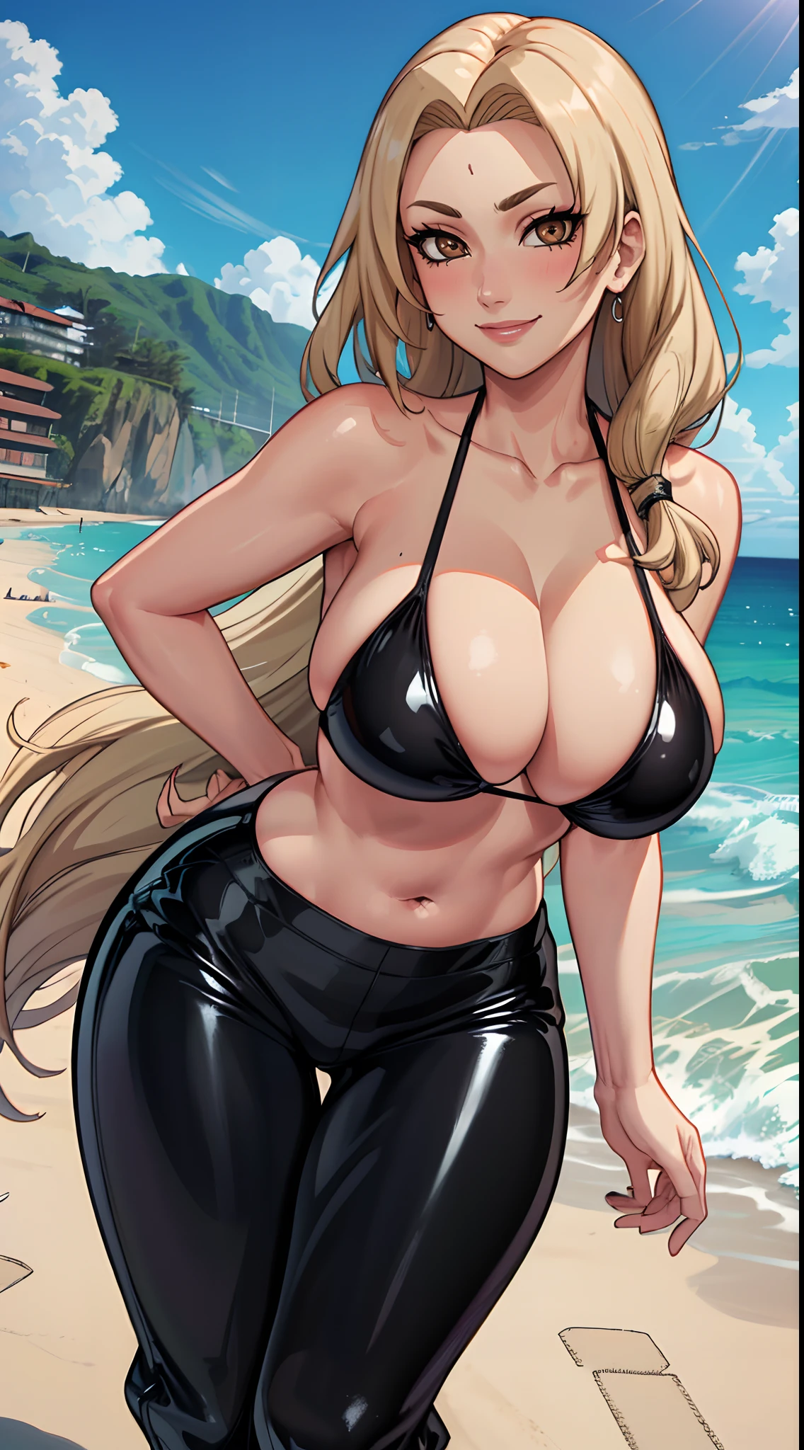 (best quality:1.3), (4K quality), Tsunade, ((detailed face)),((smile)), ((curvy body)), (big breasts), sexy, (( long hair)), ((latex pants)), ((beach)),