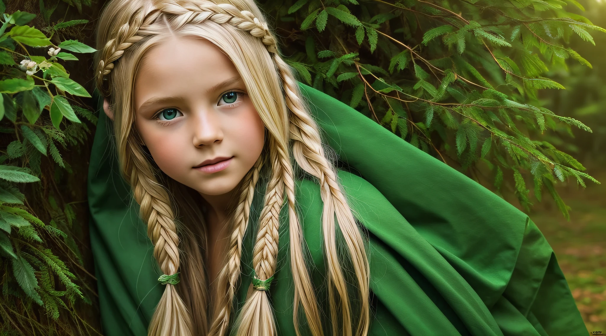 The Blonde Child Long Hair BRAIDS of the Green Cloak, close up, com o Lobo na Floresta Escura, pintura digital detalhada, uma pintura fotorrealista, fotografia de arte