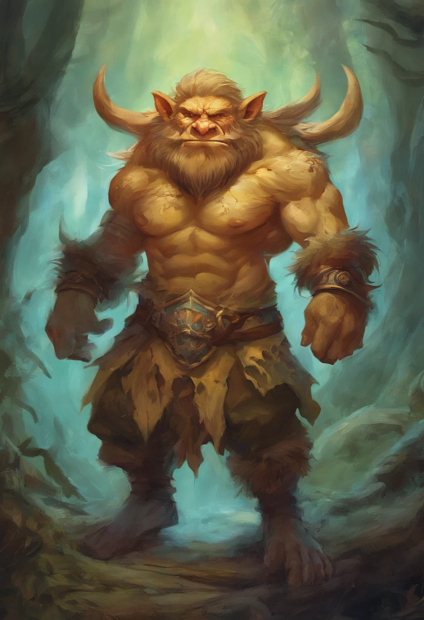 There's a painting of a light-colored yellow-skinned troll, grande e gordo, Vestindo terno Tabby, , epic full color illustration, Parecendo feliz e se divertindo, fur-clad barbarian goliath, um druida, Gnoll, Tyler Edlin Arte de fantasia, troll, estilo de arte de estrada de cascalho, high fantasy illustration, Guerreiro Druida, Surpreendentemente detalhado d & D arte
