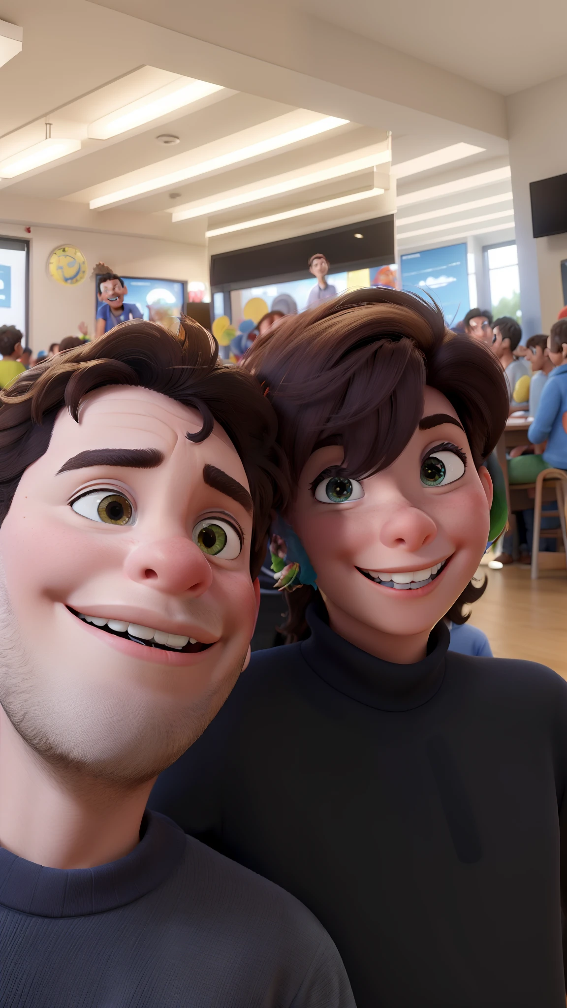 Obra-prima, de melhor qualidade, dois jovens felizes em frente a painel colorido, pixar, gorgeous, fofo, 3d