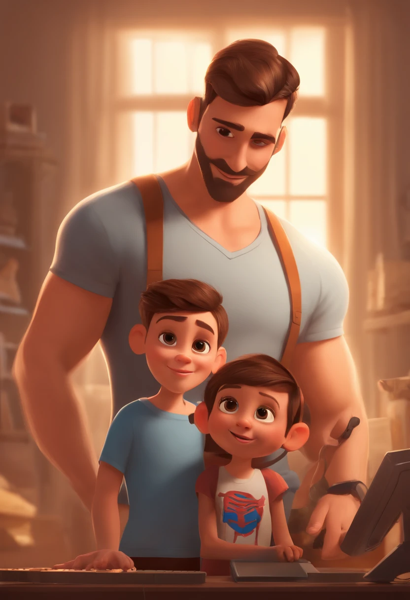 a man, his wife and his son, he has short hair, short beard, brown eyes, with headphones, DJ, a music studio in background, image in pixar style, 3D Animated Movie Style, disney, black t-shirt, his son wearing Spiderman t-shirt, his wife has blond hair, tall, skinny, she is looking both listen the music. Generate 10 different samples