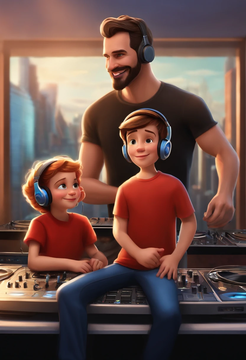 a man, his wife and his son, he has short hair, short beard, brown eyes, with headphones, DJ, a music studio in background, image in pixar style, 3D Animated Movie Style, disney, black t-shirt, his son wearing Spiderman t-shirt, his wife has blond hair, tall, skinny, she is looking both listen the music. Generate 10 different samples