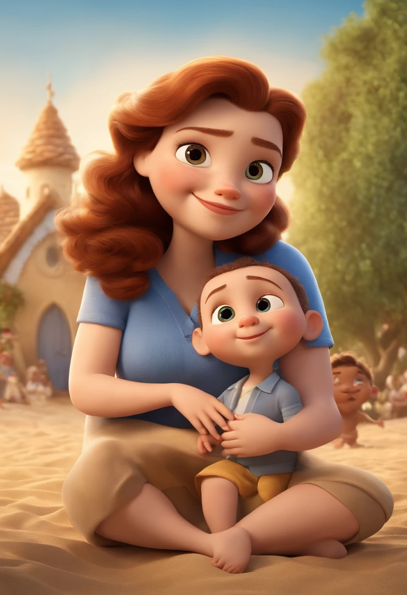 a Disney Pixar movie poster showing a white-skinned family. Dad is shorter than mom and bald, He doesn't have a beard, olhos castanhos e esta ligeiramente acima do peso. The mother has brown eyes and hair, na altura dos ombros, liso, has wide hips and a thin frame and is slightly overweight. O menino tem 3 anos e cabelos castanhos, blusa azul e short amarelo. The background is a beach garden. 3D-rendering